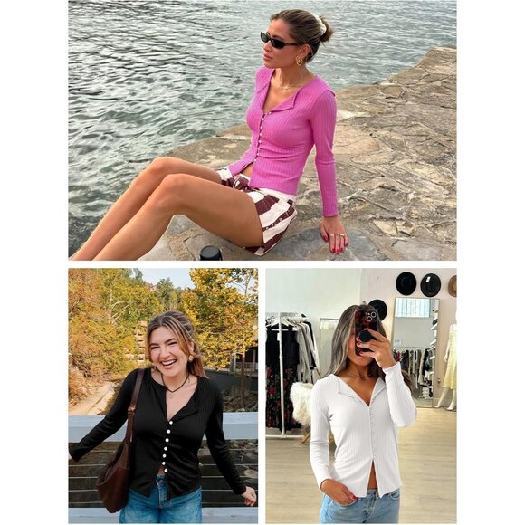 Women's Ribbed Long Sleeve Button-Down Top Fitted Casual Fall Layering - Picture 2 of 8